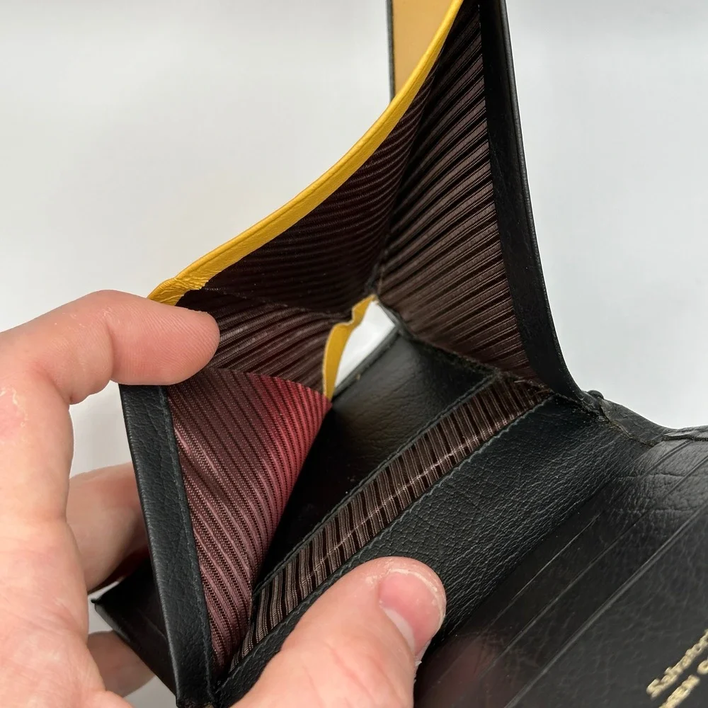 Salvatori Mens Black Shrunken Cowhide Leather Bifold Wallet Yellow Interior